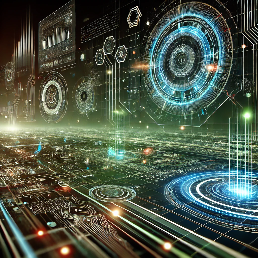 Abstract century web development background with glowing circuits, holographic UI elements, and futuristic digital grids in a dark theme with neon green highlights.